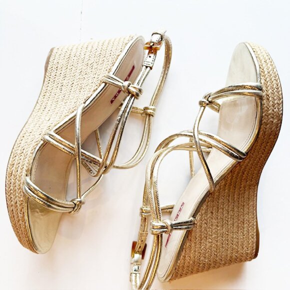 Prada Sport Gold Leather Platform Espadrille Wedge Sandals, Size 10.5 - Picture 6 of 8